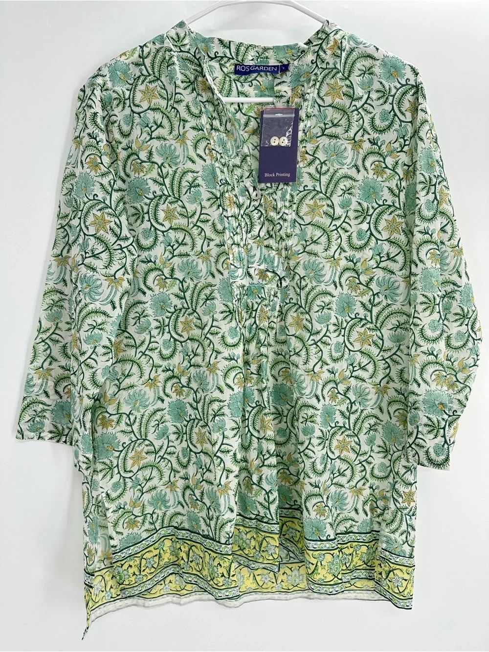 Ro’s Garden NWT Green Floral Long Sleeve Tunic “Remy” Top Size Large 100% Cotton